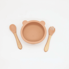 Baby Bear Shape Food Training Silicone Bowl With Spoon Tableware (Color: Orange, size: Average Size (0-8Y))