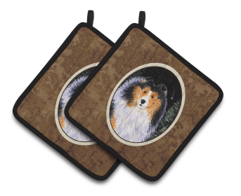 Starry Night Collie Pair of Pot Holders (size: 7.5 x 7.5)