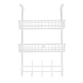 Over The Door Hooks Organizer Door Towel Rack Hanger 5 Hooks with 2 Metal Baskets for Bathroom Bedroom Kitchen Storage Shelf (Color: Silver)