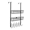 Over The Door Hooks Organizer Door Towel Rack Hanger 5 Hooks with 2 Metal Baskets for Bathroom Bedroom Kitchen Storage Shelf